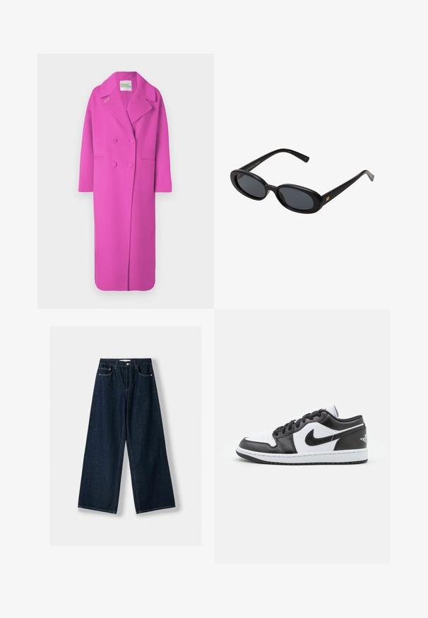 Lang, dobbeltbrystet, lys pink overfrakke med brede klapper, to forlommer og et "FRA FREMTIDEN" mærke inde i kraven.; Cremefarvet turtleneck sweater lavet af blødt strikket stof. Har ribbede manchetter og kant, med en afslappet pasform og sænkede skuldre.; Mørkeblå, vide jeans lavet af denim. Har fem lommer, knap- og lynlås lukning samt kontrastsyning detaljer.; Sorte og hvide Nike lavtoppede sneakers har en glat læderoverdel, rund tå, snørelukning og en mønstret gummisål.; Store store; Mørkebrun skuldertaske i ruskind med justerbar rem, guldtonede beslag og en stor frontklaplukning.