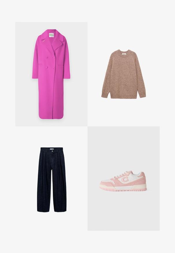 Dlouhý, dvouřadový, jasně růžový kabát s širokými klopami, dvěma předními kapsami a štítkem "Z BUDOUCNOSTI" uvnitř límce.; Mauve pletený svetr s kulatým výstřihem, dlouhými raglánovými rukávy a volným střihem. Měkká textura a žádné viditelné vzory nebo akcenty.; Tmavě modré rozšířené kalhoty z denimu s přehyby v pase, vybavené předním knoflíkem a poutky na opasek. Hladká textura a design v plné délce.; Tenisky s kombinací růžového semiše a bílé kůže, zaoblenou špičkou, šněrovacím designem a texturovanou gumovou podešví.