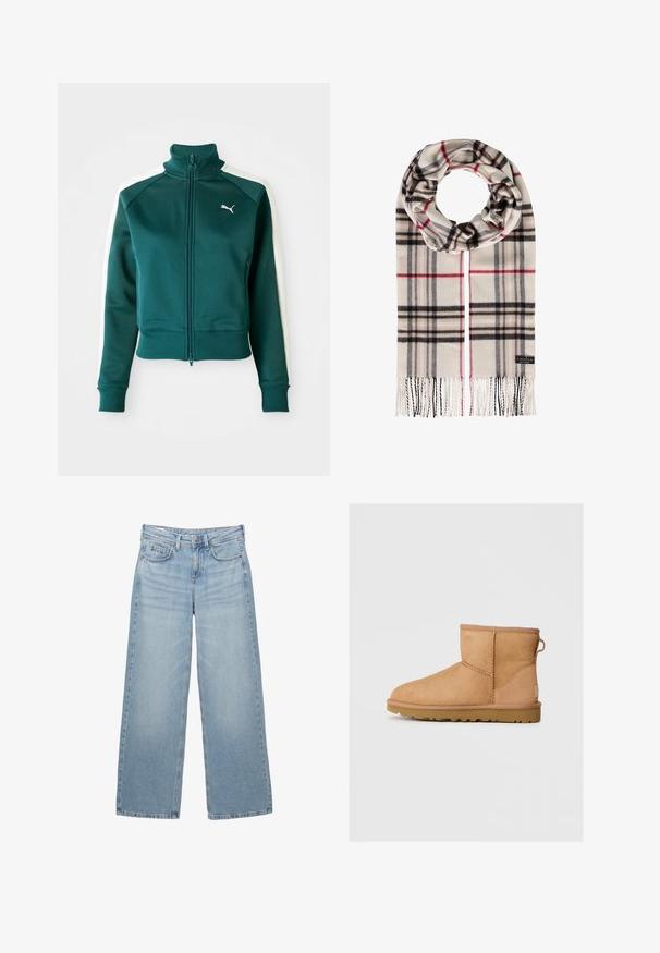 Zeleni zip-up trenirko s belimi stranskimi črtami, visokim ovratnikom in rebrastimi manšetami. Vsebuje majhen bel logotip na levem prsnem predelu.; Polo Ralph Lauren CABLE WOOL CASHMERE HALF ZIP SWEATER - Pulover - authentic cream; Svetlo modri široki kavbojki z visokim pasom, petimi žepi in subtilnim bledenjem, z kovinsko zapiralo in zankami za pas.; Rjav nubuk čevlj z gležnjem s okroglo konico, šivanjem, zanko za pomoč pri oblačenju na hrbtni strani in teksturiranim gumijastim podplatom. Zasnovan za udobje in toplino.; Bež šala s kariranim vzorcem, ki vključuje črne in rdeče črte, z resicami na koncih, izdelan iz mehke tekstilne snovi.; Rjava semiš torba z dvema dolgima ročajema, z vrvico za zapiranje in minimalističnim dizajnom. Gladka tekstura in brez vidnih kovinskih dodatkov.