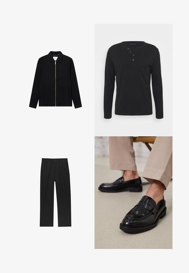 Črna zip-up jakna z ovratnikom, dvema sprednjima žepoma in gladko teksturo. Ima osrednji zadrgo in subtilno blagovno znamko znotraj.; Črna dolga majica s kratkimi rokavi henley iz mehkega blaga, ki ima gumbasto zaponko, okroglo ovratnico in oprijete rokave.; Črne hlače z ravnim krojem, narejene iz gladkega materiala. Imajo sprednje gube in enojno zaponko na pasu.; Črne usnjene loafer čevlje z gladko površino, ki imajo okrasno zaponko in kontrastno šivanje, v kombinaciji s bež hlačami.