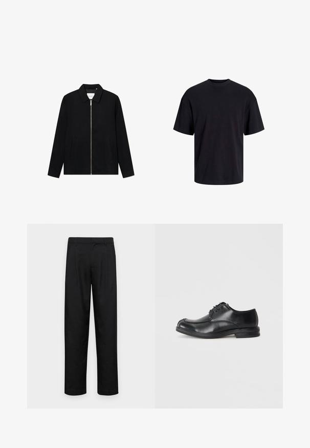 Black zip-up jacket with a stand collar, two front pockets, and a smooth texture. Features a central zipper and subtle branding on the inside.; Black cotton t-shirt with a crew neckline, short sleeves, and a relaxed fit. Smooth texture and no visible patterns or accents.; Black trousers made of smooth fabric, featuring a straight-leg design, two front pleats, and standard waistband with belt loops.; Black leather lace-up shoes with a rounded toe, smooth texture, and a low heel. Features stitching detail along the upper and sides.