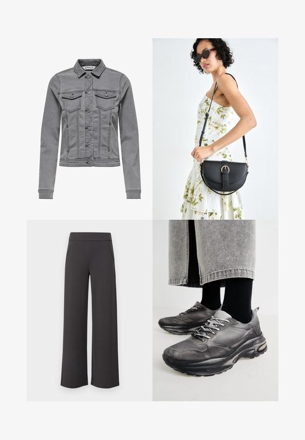 Jaqueta de denim cinza com colarinho, botões frontais e dois bolsos no peito. Apresenta um design ajustado, costuras visíveis e mangas longas.; T-shirt branca de algodão com mangas puff curtas, apresentando pequenos embellissements prateados ao longo das mangas. Decote redondo clássico, corte descontraído.; Calças largas em tecido cinza escuro, com uma textura suave, cintura elástica e dois bolsos frontais. Design de frente plana.; Sapatilhas atléticas pretas e cinzentas apresentam um upper em malha, solas espessas e atacadores. Têm um bico arredondado e detalhes de amortecimento visíveis.; Bolsa de couro preta com forma curva, alça destacável e detalhes em dourado. A bolsa possui uma aba com detalhe de fivela.