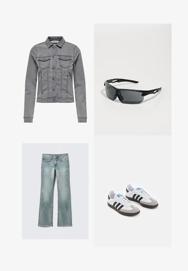 Grå denimjakke med krage, frontknapper og to brystlommer. Har en figursydd design, synlig søm og lange ermer.; Hvit tanktopp med tynne svarte stropper som har en stor svart "I" og "NY" tekst, og et rødt hjertegrafikk mellom dem.; Lys blå denimjeans med lett falming, fem lommer, glidelås, og rette ben på hvit bakgrunn.; Sportssko med en hvit skinnoverdel, grå semsket tå og tre svarte striper. Har en blå logo på tungen og en teksturert gummisåle.; Sorte sports solbriller med buede linser, lett plastramme og teksturerte stenger. Strømlinjeformet design med integrert nesepuss.; Svart vevd skinnveske med en slapp design, som har et knyttet stropp og en liten dekorativ gullnagle på toppen.