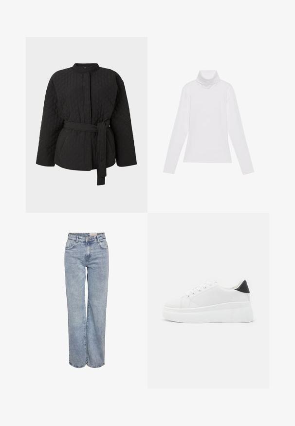 Svart vadderad jacka med hög krage, långa ärmar och knytbart midjebälte. Har diamantmönster och sidofickor.; Vit långärmad polotröja gjord av ett smidigt, stretchigt material. Har en hög krage och åtsittande design, utan synliga mönster eller dekorationer.; Ljusblå vida jeans i denim med hög midja, femficksdesign och subtila blekningar för en använd look.; Vita plattformssneakers gjorda av slät syntetiskt material, med rund tå, snörningsdesign och en texturerad gummisula. Svart hälaccent.