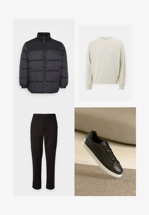 Czarna kurtka puchowa z wysokim kołnierzem, zapinana na zamek, o pikowanej konstrukcji i elastycznych mankietach. Materiał wydaje się gładki i izolowany.; Jasnobeżowa bluza wykonana z miękkiego materiału, z okrągłym dekoltem, długimi rękawami oraz ściągaczami przy mankietach i hemie. Minimalistyczny design, bez widocznych wzorów.; Czarne spodnie wykonane z lekkiego materiału, posiadające prostą nogawkę, zapięcie na guziki z przodu, szlufki na pasek oraz boczne kieszenie.; Czarne skórzane sneakersy z białą gumową podeszwą i czarnymi sznurowadłami, umieszczone na beżowej tkaninie w tle.