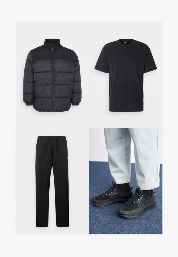 Mustamoodne puffjakker kõrge krae ja lukuga, millel on tikitud disain ja elastsed mansetid. Materjal näeb välja sile ja soojustus.; Nike musta mustast puuvillast T-särk klassikalise ümmarguse kaelusega, lühikeste varrukatega ja õrna, reljeefse logoga rinnal. Sile tekstuur.; Mustad fliisist sportpüksid, millel on elastne vöö ja paelad, kaks esi-taskut ning väike logo reie peal.; Mustad mustad jooksukingad, millel on tekstureeritud kangas ja kummist tallad, elastsed nöörid ning sinine aksent kandadel. Kandmine heledate teksadega.