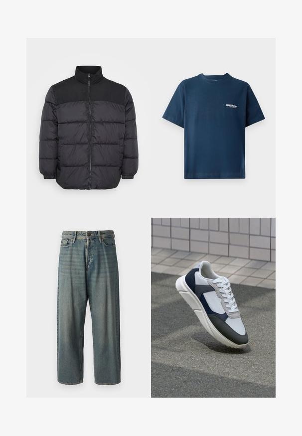 Sort puffersjakke med høj krave, der har lynlåslukning, quiltet design og elastikmanchetter. Materialet ser glat og isoleret ud.; Mørkeblå bomulds-t-shirt med korte ærmer og rund halsudskæring. Har et lille hvidt logo på venstre brystområde. Blød tekstur.; Lyseblå denim jeans med løs pasform, mellemhøj talje og lige ben. Har fem lommer, bæltestropper og en knappelukning.; Hvide, marineblå og grå sneakers med et design i blandede materialer, der har en tekstureret overdel, flade snørebånd og en polstret sål.
