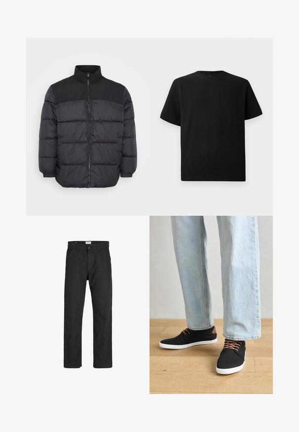 Schwarze Daunenjacke mit hohem Kragen, ausgestattet mit einem Reißverschluss, gestepptem Design und elastischen Bündchen. Das Material wirkt glatt und isoliert.; Schwarzes Kurzarm-T-Shirt aus strukturiertem Stoff, mit einem Rundhalsausschnitt und einer lockeren Passform. Einfach, ohne Muster oder Akzente.; Schwarze Hosen aus strapazierfähigem Stoff, mit geradem Bein, genähten Akzenten und zwei vorderen Taschen für Funktionalität.; Schwarze Leinen-Sneaker mit braunen Akzenten, weißen Gummisohlen und braunen Schnürsenkeln, kombiniert mit hellblauen Straight-Leg-Jeans. Hintergrund mit Holzboden.