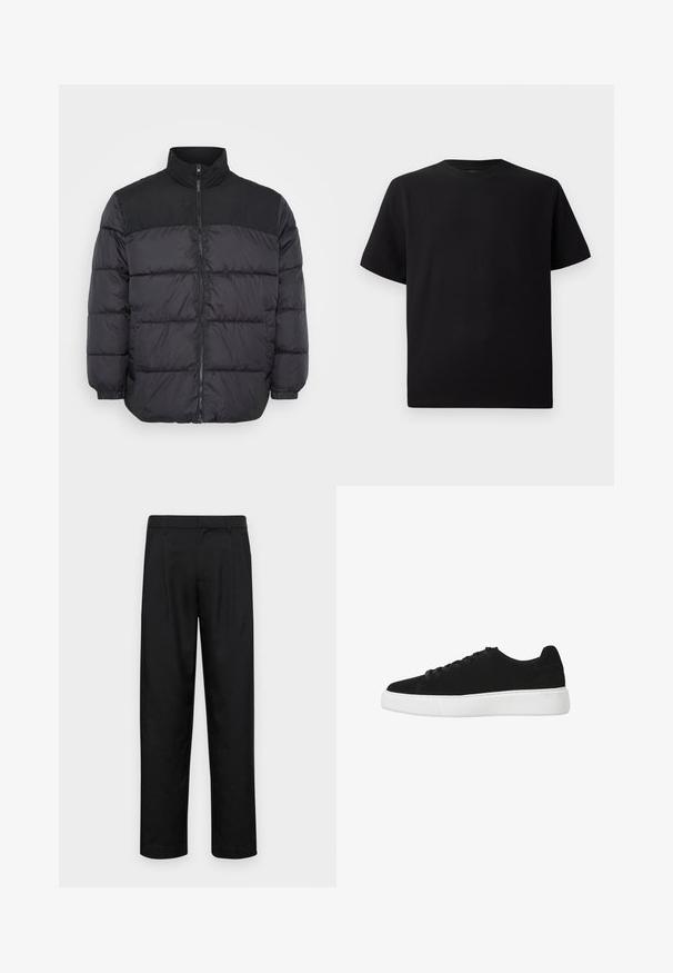 Giubbotto invernale nero con colletto alto, dotato di chiusura con zip, design trapuntato e polsini elasticizzati. Il materiale sembra liscio e isolante.; T-shirt corto nero a maniche corte realizzato in tessuto testurizzato, con scollatura rotonda e vestibilità comoda. Semplice, senza motivi o dettagli.; Pantaloni neri realizzati in tessuto liscio, caratterizzati da un taglio dritto, due pieghe frontali e una vita standard con passanti per la cintura.; Sneaker nera in suede con punta arrotondata, chiusura con lacci e suola in gomma bianca. Design semplice con accenti minimi e texture liscia.