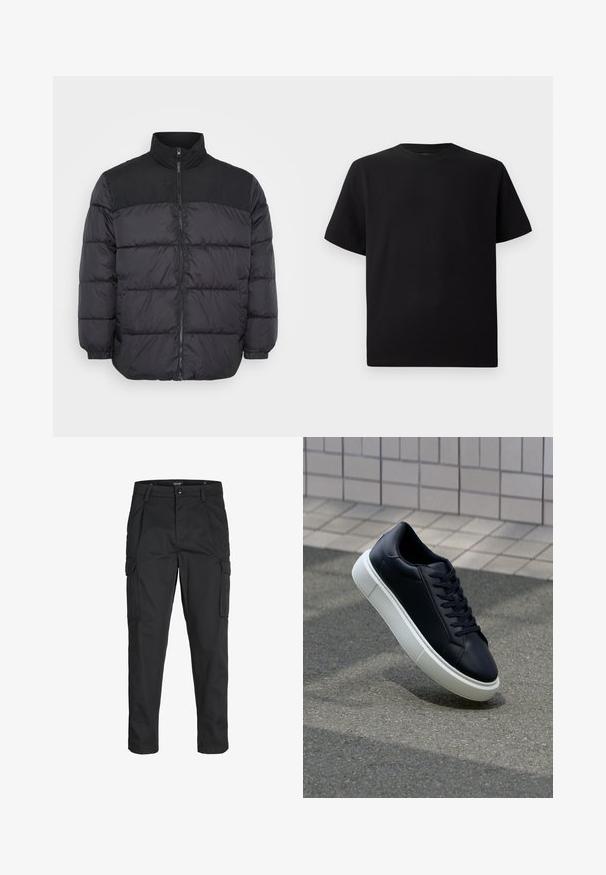 Zwarte pufferjack met een hoge kraag, voorzien van een ritssluiting, een gequilt ontwerp en elastische manchetten. Het materiaal lijkt glad en geïsoleerd.; Zwarte T-shirt met korte mouwen van gemerceriseerd stof, met een ronde halslijn en een relaxte pasvorm. Eenvoudig, zonder patronen of accenten.; Zwarte cargobroek van stevig stof, met meerdere zakken, een knoopsluiting en een slim fit ontwerp met taps toelopende benen.; Zwarte leren sneaker met een ronde neus en een witte rubberen zool. Voorzien van platte veters en minimale stiksels op het bovenwerk. Textuurrijke zool voor grip.
