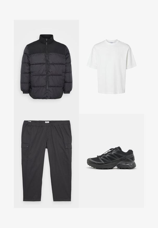 Črna pufasta jakna z visokim ovratnikom, z zadrgo, prešito zasnovo in elastičnimi manšetami. Material se zdi gladek in toplotno izoliran.; Bela bombažna majica s kratkimi rokavi, okroglo izrezana in udobnega kroja. Gladka tekstura brez vidnih vzorcev ali dekoracij.; Črne cargo hlače z elastičnim pasom, stranskimi žepi in zaponkami. Narejene iz lahkega, gladkega materiala.; Črne tekaške čevlje z mrežasto in sintetično zgornjimi deli, prilagodljivim podplatom ter elastičnimi vezalkami. Imajo oblazinjen srednji podplat za udobje.