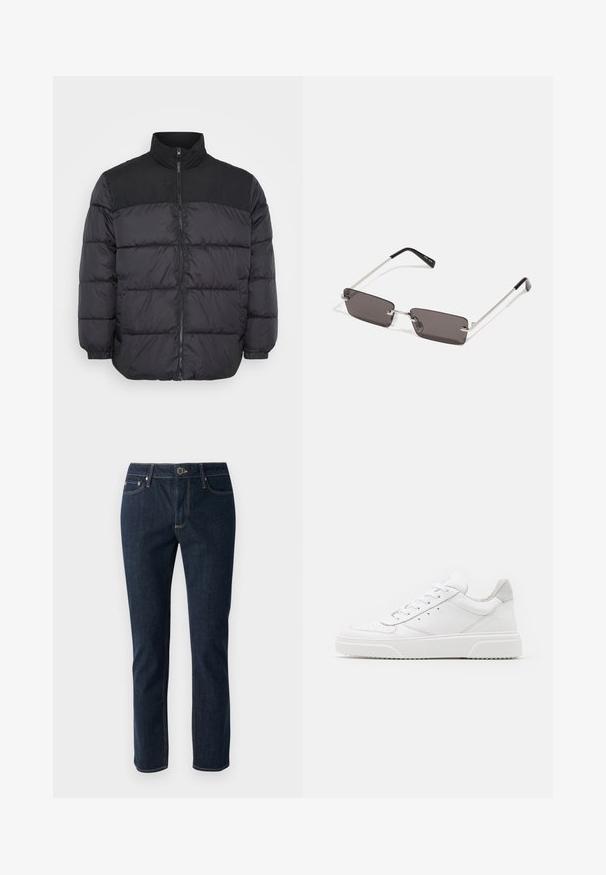 Giubbotto invernale nero con colletto alto, dotato di chiusura con zip, design trapuntato e polsini elasticizzati. Il materiale sembra liscio e isolante.; T-shirt bianco in cotone con maniche corte, collo rotondo e una grafica rossa con il testo "FRUTTA DELIZIOSA E RINFRESCANTE" sul davanti.; Jeans in denim blu scuro con un design a gamba dritta, dotati di chiusura a bottone, cinque tasche e cuciture a contrasto. Texture liscia.; Sneaker bianche in pelle con finitura liscia, punta arrotondata, lacci piatti e suola texturizzata. Accento in suede grigio sul tallone.; Occhiali da sole con lenti rettangolari di colore grigio scuro, montatura in metallo argentato e punte nere in plastica sulle asticelle. Design leggero con cuscinetti per il naso.