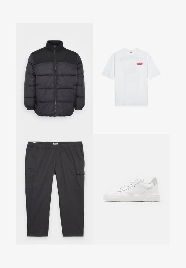 Black puffer jacket with a high collar, featuring a zip closure, quilted design, and elasticized cuffs. Material appears smooth and insulated.; White cotton t-shirt featuring short sleeves, crew neck, and a red graphic text "DELICIOUS REFRESHING FRUIT" on the front.; Black cargo pants with an elastic waistband, side pockets, and snap button accents. Made of lightweight, smooth fabric.; White leather sneakers with a smooth finish, rounded toe, flat laces, and a textured sole. Grey suede accent at the heel.