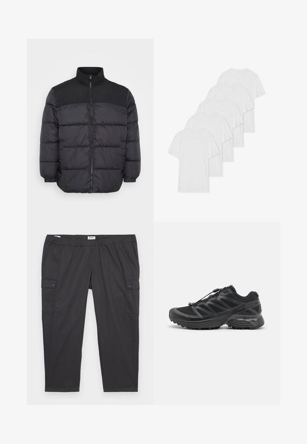 Chaqueta de abrigo negra con un alto cuello, que cuenta con cierre de cremallera, diseño acolchado y puños elásticos. El material parece suave y aislante.; Seis camisetas de algodón blancas de manga corta y cuellos redondos dispuestas en una fila, con una textura suave y sin patrones visibles.; Pantalones cargo negros con una cintura elástica, bolsillos laterales y detalles de botones a presión. Fabricados con una tela ligera y suave.; Zapatilla de correr negra con parte superior de malla y sintético, suela flexible y cordones elásticos. Presenta una entresuela acolchada para mayor comodidad.