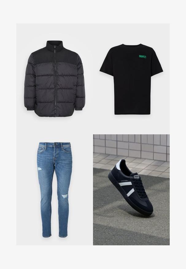 Juodas pūkinis švarkas su aukštu apykakle, su užtrauktuku, kvadratiniais siuvinėjimais ir elastinėmis rankogaliais. Medžiaga atrodo lygi ir izoliuota.; Juodas medvilninis marškinėliai trumpomis rankovėmis. Priekyje yra žalias „ROOTS“ logotipas, apvalus iškirpimas ir standartinė prigludimo forma.; Išblukę mėlyni džinsai su siauru siluetu, turintys pažeistas vietas ant kelių, mygtuko uždarymą ir penkių kišenių dizainą.; Juodas odinis sportinis batelis su baltais dryžiais, tekstūruota gumine padais ir raišteliais priekyje. Yra prekės ženklą žymintis etiketė ant liežuvio.