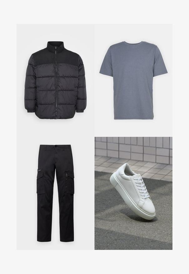 Juodas pūkinis švarkas su aukštu apykakle, su užtrauktuku, kvadratiniais siuvinėjimais ir elastinėmis rankogaliais. Medžiaga atrodo lygi ir izoliuota.; Pilkas trumpas rankovėmis marškinėliai su apvaliu kaklu, pagaminti iš švelnaus medvilnės mišinio. Paprastas dizainas, be raštų ar akcentų.; Juodos krovinių kelnės, turinčios kelis kišenes, užtrauktuku uždaromą kišenę ant šlaunies, tiesaus kirpimo ir tvirtos medvilnės audinys su nežymiu blizgesiu.; Balti odiniai sportbačiai su lygiu paviršiumi, apvalia nosimi ir plokščiomis baltomis raištelėmis. Yra tekstūruotas gumos padas ir minimalizmas dizaino elementuose.