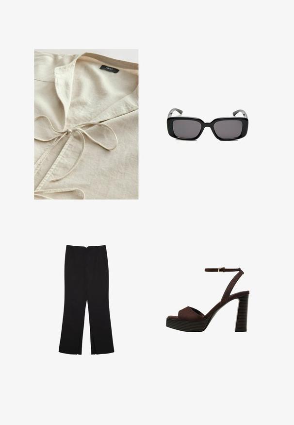 Beige Baumwollhemd mit Kragen und einer detailierten Frontbindeschleife. Weiche Textur, lässiges Design und eine schlichte Ästhetik. Markenlabel innen sichtbar.; Braunes, kurzärmliges T-Shirt aus weichem Material mit rundem Halsausschnitt und lockerer Passform. Keine sichtbaren Muster oder Akzente.; Schwarze Hose mit geradem Schnitt, ausgestattet mit Fronttaschen und Seitenschlitzen am Saum. Hergestellt aus weichem, glattem Stoff. Geeignet für verschiedene Anlässe.; Braune Wildleder-Pumps mit offenem Zeh, verstellbarem Knöchelriemen und gestreiftem Plateausohlen.; Schwarze rechteckige Sonnenbrille mit dunklen Gläsern, glattem Kunststoffrahmen und gebogenen Bügeln. Das Design ist klobig mit einer minimalistischen Ästhetik.