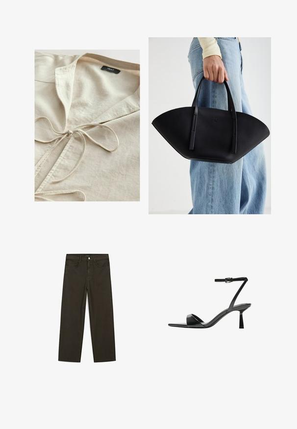Béžová bavlněná košile s límečkem a předním detailem vázání. Měkká textura, neformální design a jednoduchá estetika. Viditelná značka uvnitř.; Hnědé tričko s krátkým rukávem vyrobené z měkké látky, s kulatým výstřihem a volným střihem. Bez viditelných vzorů nebo dekorací.; Tmavě zelené široké džínsy vyrobené z bavlněné směsi, s předním zapínáním na knoflík, pěti kapsami a klasickým denimovým stehem.; Bershka Sandály na vysokém podpatku - black; Černá kožená kabelka s jedinečným tvarováním ve tvaru vějíře, vybavená plochými uchy. Povrch má jemně zrnitou texturu a minimalistický design.