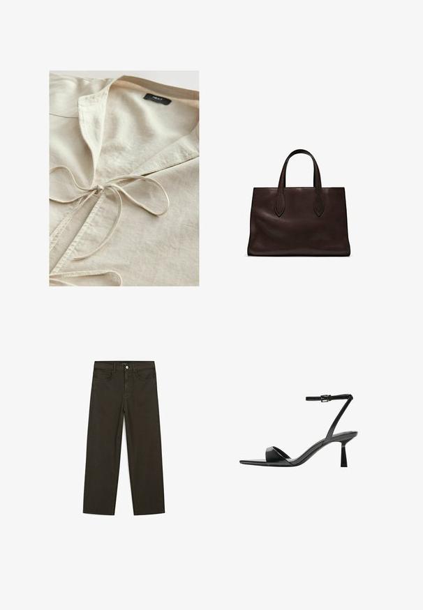 Camicia in cotone beige con colletto e dettaglio di annodatura frontale. Texture morbida, design casual e un'estetica semplice. Etichetta del marchio visibile all'interno.; T-shirt in cotone marrone, maniche corte, collo a giro, vestibilità abbastanza ampia, texture liscia, design minimalista, senza motivi o dettagli visibili.; Jeans a gamba larga di colore verde scuro, realizzati in tessuto misto cotone, dotati di chiusura con bottone frontale, cinque tasche e cuciture classiche in denim.; Bershka Sandali con tacco - black; Borsa a spalla in pelle marrone con due manici lunghi, forma rettangolare strutturata, texture liscia e dettagli di cucitura sottili.