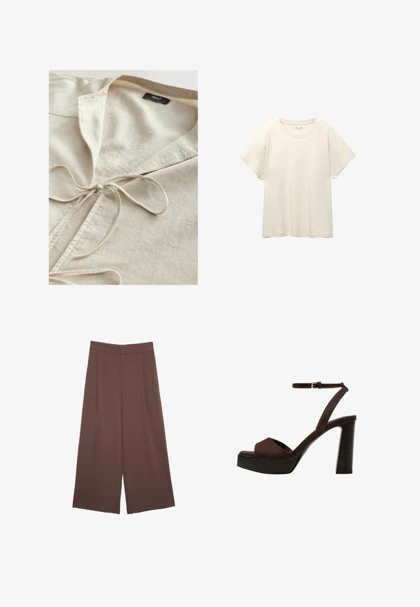 Camicia in cotone beige con colletto e dettaglio di annodatura frontale. Texture morbida, design casual e un'estetica semplice. Etichetta del marchio visibile all'interno.; Maglietta a maniche corte beige chiaro con scollatura rotonda, realizzata in un tessuto morbido e liscio. Presenta una vestibilità comoda e un orlo dritto.; Pantaloni ampi marroni con una texture liscia, caratterizzati da una vita alta e pieghe frontali. Il tessuto è leggero e scorre liberamente.; Sandal in camoscio marrone con tacco alto, punta aperta, cinturino alla caviglia regolabile e suola a piattaforma striata.