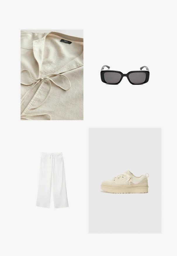 Camicia in cotone beige con colletto e dettaglio di annodatura frontale. Texture morbida, design casual e un'estetica semplice. Etichetta del marchio visibile all'interno.; T-shirt bianco a maniche corte realizzato in cotone. Presenta un collo tondo e una vestibilità rilassata. Texture liscia senza motivi o dettagli visibili.; Pantaloni bianchi a gamba larga realizzati in tessuto morbido, con vita regolabile e due tasche frontali. Texture liscia e senza motivi visibili.; Sneaker beige con un mix di materiali lisci e testurizzati, caratterizzata da una suola spessa, lacci decorativi e una linguetta per il tallone.; Occhiali da sole neri rettangolari con lenti scure, montatura in plastica liscia e tempie curve. Il design è voluminoso con un'estetica minimalista.