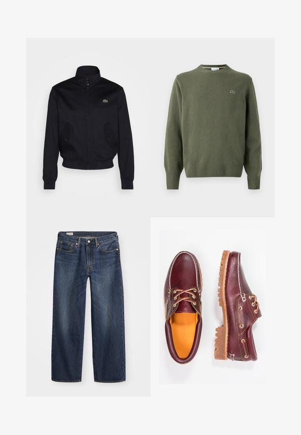 Navy blue jacket with a high collar, zip front, and two side pockets; features a green Lacoste logo on the chest; made of smooth fabric.; Olive green knit sweater featuring a round neckline, ribbed cuffs, and hem, with a small embroidered logo on the left chest.; Dark blue denim jeans with a straight-leg cut, five-pocket design, metal button and zipper fly, and subtle whiskering patterns.; Burgundy leather shoes with brown rubber soles, round toe, white stitching, and gold eyelets. Interior features a yellow lining.