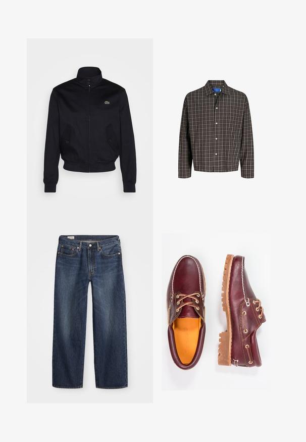 Navy blue jacket with a high collar, zip front, and two side pockets; features a green Lacoste logo on the chest; made of smooth fabric.; Brown and black plaid shirt with a button-down collar and a single chest pocket, displayed frontally against a white background.; Dark blue denim jeans with a straight-leg cut, five-pocket design, metal button and zipper fly, and subtle whiskering patterns.; Burgundy leather shoes with brown rubber soles, round toe, white stitching, and gold eyelets. Interior features a yellow lining.