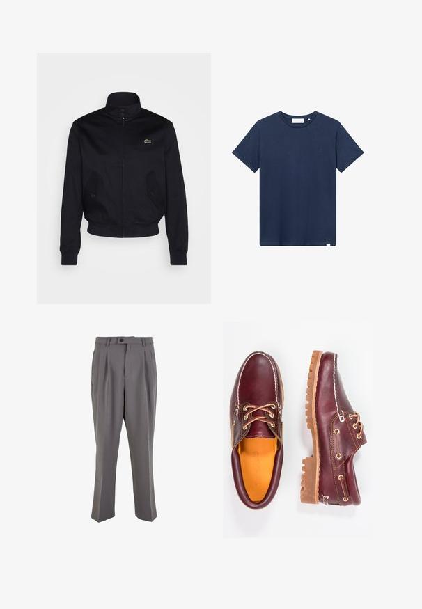 Navy blue jacket with a high collar, zip front, and two side pockets; features a green Lacoste logo on the chest; made of smooth fabric.; Navy blue cotton t-shirt with a crew neckline, short sleeves, and a small embroidered logo on the left chest. Smooth texture.; Gray pleated trousers made of smooth fabric, featuring a straight cut, a single button closure, and belt loops. Minimalist design.; Burgundy leather shoes with brown rubber soles, round toe, white stitching, and gold eyelets. Interior features a yellow lining.