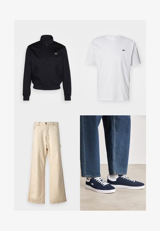 Casaco azul-marinho com gola alta, fecho de zip, e dois bolsos laterais; apresenta um logo verde da Lacoste no peito; feito de um tecido suave.; T-shirt de algodão branco com decote redondo, mangas curtas e um pequeno logótipo bordado verde no peito. Design clássico de corte reto.; Calças largas bege feitas de algodão com fecho de correr e botão, apresentando costuras contrastantes e bolsos laterais.; Sapatilhas de tela azuis com atacadores brancos e solas de borracha, exibidas com calças de ganga e meios cinza canelados, sobre uma superfície cinza clara.