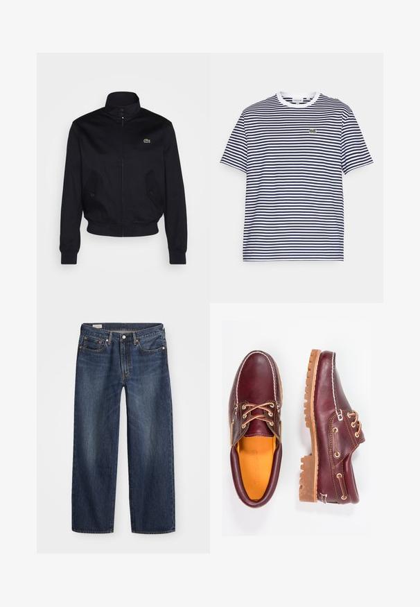 Navy blue jacket with a high collar, zip front, and two side pockets; features a green Lacoste logo on the chest; made of smooth fabric.; Navy and white striped cotton t-shirt with a round neck and short sleeves. Features a small green crocodile logo on the chest.; Dark blue denim jeans with a straight-leg cut, five-pocket design, metal button and zipper fly, and subtle whiskering patterns.; Burgundy leather shoes with brown rubber soles, round toe, white stitching, and gold eyelets. Interior features a yellow lining.