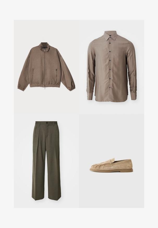 Gaiši brūns priekšauts ar rāvējslēdzēju un teksturētu rakstu. Iezīmē augstu apkakli, elastīgas aproces un divas kabatas ar rāvējslēdzējiem.; Ilgi piedurkņu krekls pelēkā krāsā, izgatavots no gludas auduma, ar pogājamu priekšpusi un tumšām pogām, ar mazu logotipu uz krūšu vietas.; Filippa K WIDE TROUSERS - Auduma bikses - driftwood; Beige zamšainie slip-on loaferi ar saplacinātu dizainu, ar plakanu zoli un dekoratīvu siksniņu pār virsu. Gluda tekstūra.