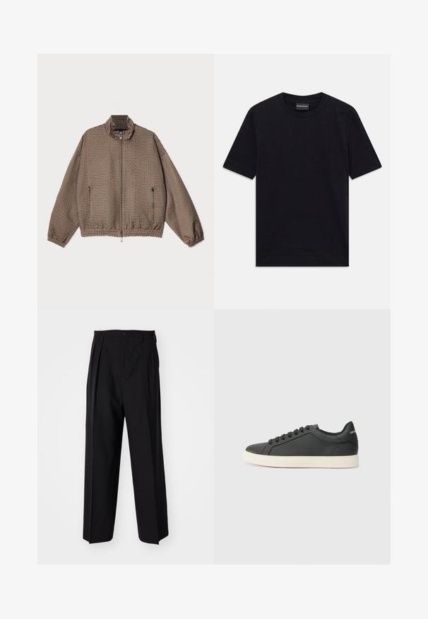 Light brown zip-up jacket with a textured pattern. Features a high collar, elastic cuffs, and two zipped side pockets.; Black short-sleeve crew neck T-shirt with subtle embossed pattern and brand label inside collar, laid flat on white background.; Black pleated trousers with a straight, wide-leg design. Made from smooth fabric, featuring a button closure and belt loops.; Black leather sneaker with a low profile, rounded toe, and lace-up closure; features a textured rubber sole and logo detail on the heel.