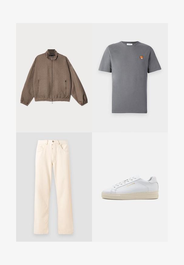 Šviesiai rudas užtrauktuku užsegamas švarkas su tekstūruotu raštu. Turi aukštą apykaklę, elastines rankovių apykakles ir dvi užtrauktuku užsegamas šonines kišenes.; Pilkas medvilninis marškinėliai su maža oranžine lapės galvos siuvinėjimu virš kairiojo krūtinės. Apvalus kaklas, trumpomis rankovėmis ir klasikinio silueto.; Šviesiai smėliniai džinsai su tiesiu sijonu, penkiomis kišenėmis ir priekiu užsegamu mygtuku. Siuvimo linijos matomos palei siūles.; Baldos klasikiniai baltos odos sportiniai bateliai su apvalia nosimi, plokščiomis raišteliais ir kreminiu guminiu padu. Yra subtilus aukso logotipas ir glotni tekstūra.