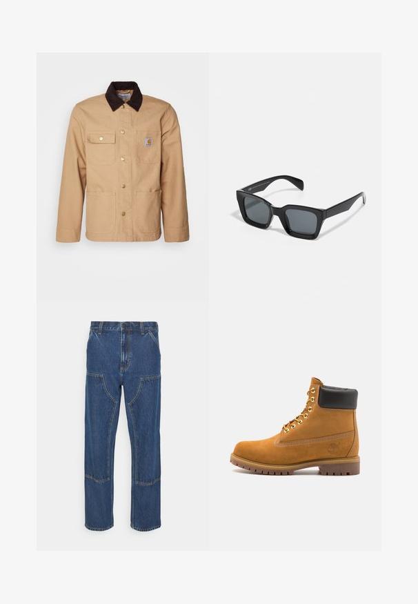 Chaqueta de trabajo marrón hecha de una tela resistente, con un cuello de pana marrón oscuro, cierre de botones en el frente y cuatro bolsillos delanteros con botones dorados.; Sudadera blanca con un gran diseño de tarjeta de identificación impresa en azul, amarillo y negro, con un bolsillo frontal y capucha con cordones.; Jeans de mezclilla azul con pierna recta, bolsillos frontales tipo parche y costuras en contraste. La tela tiene una textura y un acabado clásicos.; Botín de ante marrón claro con collar acolchado negro, ojales de metal dorado, detalles de costura blanca y suela de goma resistente con tacos pronunciados.; Gafas de sol rectangulares negras con lentes oscuros. Montura de plástico con un acabado brillante, que cuenta con un puente ancho y brazos ligeramente cónicos.