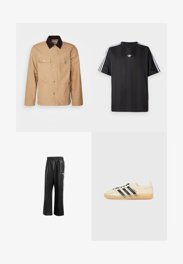 Kavos darbo striukė, pagaminta iš tvirto audinio, su tamsiai rudu kordūroliu apykakle, mygtukų uždarymu ir keturiomis priekinėmis kišenėmis su auksiniais mygtukais.; Juodas trumpomis rankovėmis marškinėliai su balta trimis juostelėmis ant pečių ir mažai balta logotipo krūtinėje. Lygus audinio tekstūra.; Juodos sintetinių medžiagų treniruočių kelnės su elastingu juosmeniu, su baltomis šoninėmis juostelėmis ir mažuoju baltu logotipu kairėje klubo pusėje.; Šviesiai kreminiai sportbačiai su juodu trikampiu dizainu, tekstūruota viršutinė dalis, apvalus pirštas ir guminiu padu. Yra raišteliai ir ženklas šone.