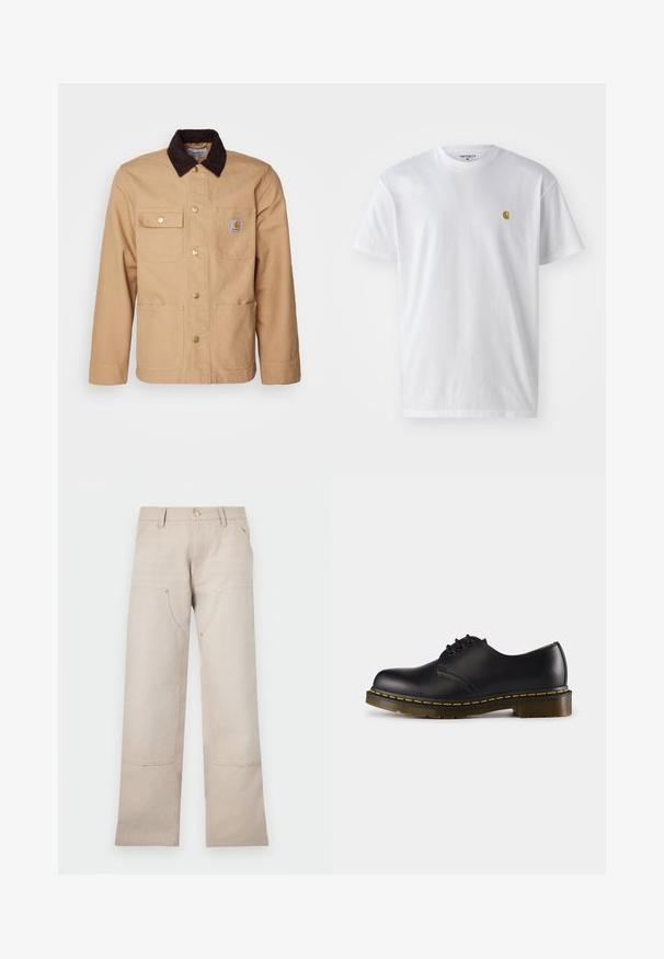 Karmiinne töötjakki tugevast kangast, millel on tumepruun sametkaelus, nööpidega esikülg ja neli esikotti kullakarva nööpidega.; Valge puuvillane t-särk lühikeste varrukatega, ümmargune kaelus, millel on väike kuldne logo vasakul rinnal. Pehme tekstuur ja regulaarne lõike.; Beige puuvillased püksid otse lõikega, millel on kaks esikäe taskut ja kaks lukuga dekoratsiooni. Kuldse tooni detailid.; Musta nahkne saabas ümarate varvastega, nööridega kinnise disainiga, kollase õmblusega tallal ja paksu, tekstuurse kummist tallaga.