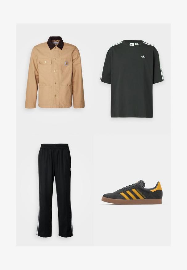 Chaqueta de trabajo marrón hecha de una tela resistente, con un cuello de pana marrón oscuro, cierre de botones en el frente y cuatro bolsillos delanteros con botones dorados.; Camiseta de algodón negra con mangas cortas, cuello redondo y detalle de tres rayas blancas en los hombros. Presenta un pequeño logo blanco en el pecho.; Pantalones deportivos negros con cintura elástica, que presentan rayas laterales blancas y un pequeño logotipo. El material parece suave y ligero.; Zapatillas de ante negro con acentos amarillos, que presentan tres franjas y una suela de goma marrón. Incluyen una lengüeta acolchada para mayor comodidad.