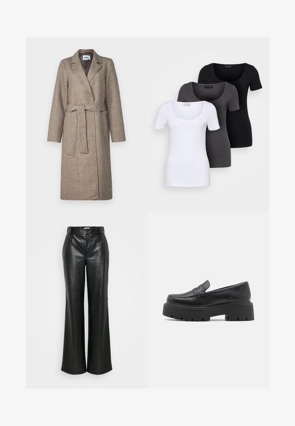 ONLY Tall ONLNICOLE - Klassisk kåpe / frakk - walnut; Tre figurerte T-skjorter i hvit, grå og svart. Hver har en bred scoop-nakke og korte ermer. Laget av glatt, elastisk stoff.; ONLY Tall ONLSMOOTH WIDE - Bukse - black; Sorte lærloafere med en lav, kraftig gummisåle, sydd detaljer på overdelen, og en glatt tekstur.