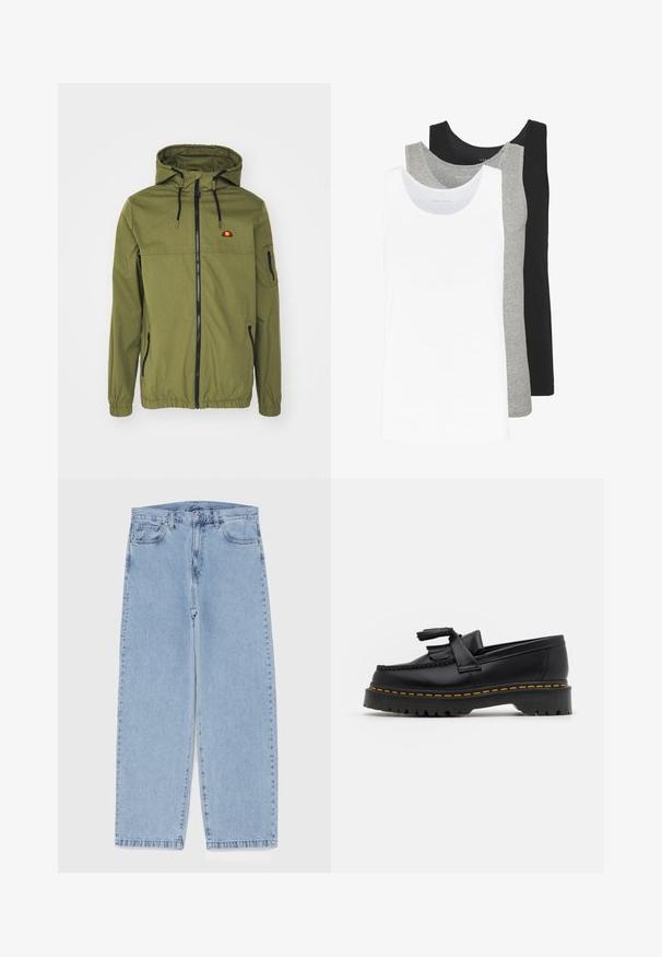 Olivgrön vattentät jacka med framdragkedja, justerbar huva, elastiska ärmslut och sidofickor. Har logotyp på bröstet.; Tre linnen i vitt, grått och svart. Varje linne har en klassisk ärmlös design, tillverkat av lätt bomullstyg med ribbad struktur.; Ljusblå denimjeans med rak bendesign, midjehög midja, fem fickor samt knapp- och dragkedjestängning.; Svart läderloafer med en tofsdetalj, med en kraftig svart sula och gul söm längs kanten. Strukturerad yta.