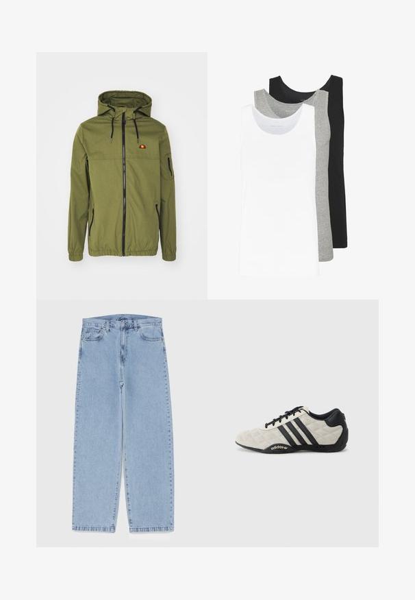 Olīvzaļš ūdensnecaurlaidīgs jaku ar priekšējo rāvējslēdzēju, regulējamu kapuci, elastīgiem aprocēm un sānu kabatām. Ar logotipu uz krūškurvja.; Trīs bezmaku blūzes baltā, pelēkā un melnā krāsā. Katrai no tām ir klasiska bezmaku dizaina forma, izgatavota no viegla kokvilnas auduma ar ribotu tekstūru.; Gai zila džinsu bikses ar taisnu kāju dizainu, kas piedāvā vidēju vidukļa augstumu, piecas kabatas un pogas un rāvējslēdzēja aizdari.; Adidas sporta apavi ar teksturētu, gaiši pelēku virsmas materiālu un melniem ādas akcentiem. Iezīmēti ar melno trīs svītru logotipu un mīkstinātu zoli.