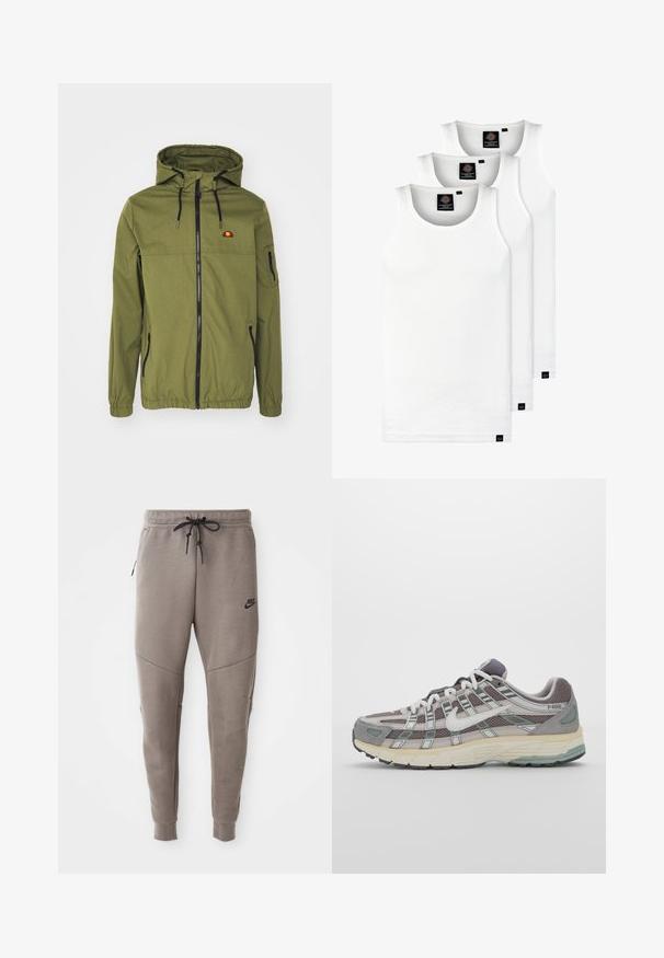 Olivově zelená nepromokavá bunda s předním zipem, nastavitelnou kapucí, elastickými manžetami a bočními kapsami. Na hrudi je logo.; Tři bílé žebrované tílka vyrobené z bavlny. Mají kulatý výstřih a malé černé štítky poblíž lemu. Dostupné v několika velikostech.; Šedé Nike tepláky s elastickým pasem na šňůrku, zúženými nohavicemi, bočními kapsami a charakteristickým švem. Měkká, strukturovaná tkanina.; Šedá sportovní obuv s vrchní částí z mikrovlákna a semiše, bílými akcenty, polstrovanou podrážkou a jedinečným designem s reflexními prvky.