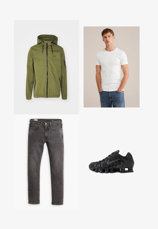 Olivengrøn vandtæt jakke med frontlynlås, justerbar hætte, elastiske manchetter og sidelommer. Har logo på brystet.; Ung mand med kort krøllet hår iført en ensfarvet hvid kortærmet t-shirt og blå jeans, stående med hænderne i lommerne.; Grå denimjeans med lige pasform, fem-lomme design og knaplukning. Har subtil falmning og tonalt syning over hele. ; Sorte atletikskoser lavet af mesh og syntetiske materialer, med et karakteristisk bølget design, sort gummisål og reflekterende detaljer.