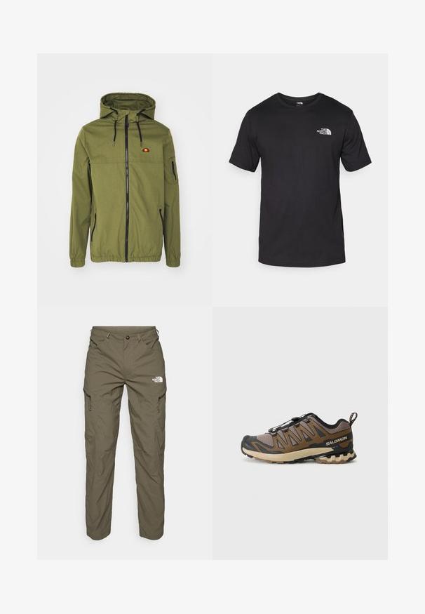 Oliiviroheline veekindel jakk, millel on eesmine lukku, reguleeritav kapuuts, elastsed mansetid ja küljetaskud. Rinnal on logo.; Must have lühikeste varrukatega must T-särk, mis on valmistatud puuvillast, ümmarguse kaelusega ja väikese valge logoga vasakus ülanurgas.; Oliiviroheline välispüksid, mis on valmistatud kergest kangast, lisaks on neil kaubanduslikud taskud, tõmblukkude detailid ja logo reie ülaosas.; Pruun ja must sportlik jalanõu, millel on võrgukangas, kummist varbakattega ja tekstuurse tallaga. Omab kiire kohandamise süsteemi ja pehmendatud krae.