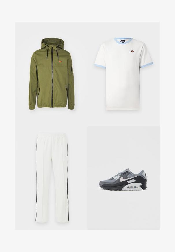 Olive green waterproof jacket with a front zipper, adjustable hood, elastic cuffs, and side pockets. Features logo on the chest.; White cotton t-shirt with light blue ribbed collar and sleeve edges. Features a small red and orange logo on the chest. Classic fit.; White athletic pants with an elastic waistband, featuring black side stripes, straight leg design, and smooth fabric texture.; Gray sneaker featuring a mix of mesh and suede materials, with a black sole and visible air unit. Notable light gray accents and laces.