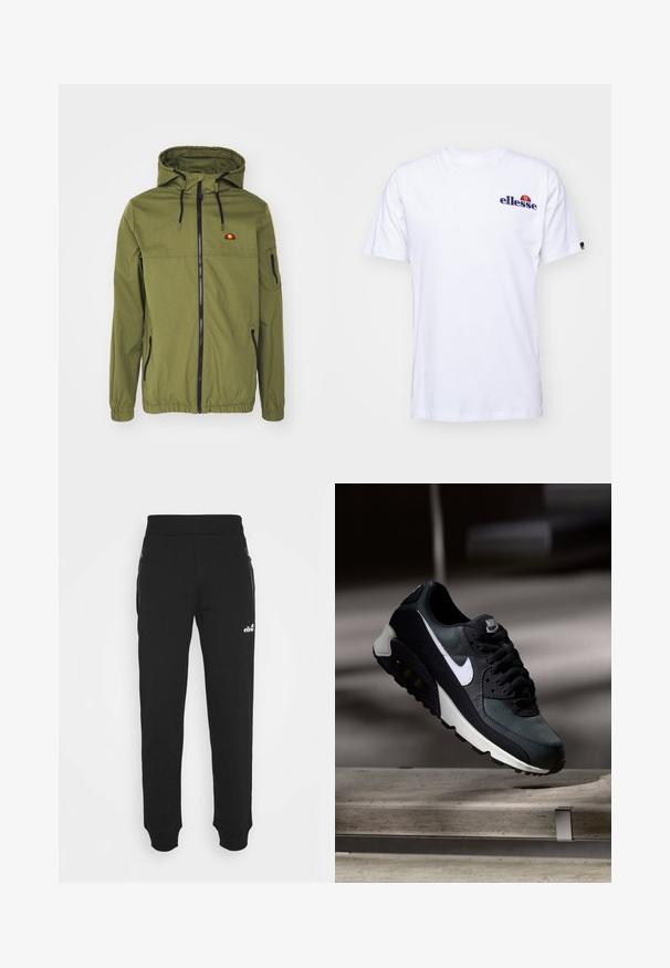 Olivno zelena vodoodbojna jakna s sprednjim zippers, nastavljivo kapuco, elastičnimi manšitami in stranskimi žepi. Na prsih ima znak.; Bela bombažna majica s kratkimi rokavi, ki ima na levi strani prsnega dela vezeno logotip v mornarsko modri barvi, nad logotipom pa živahen barvni poudarek.; Črne trenirke iz mehkega blaga imajo zasnovo z zoženimi nogami, elastičen pas, stranske žepe z zadrgo in majhen logotip.; Črne in zelene športne copate z vzorčasto mrežasto zgornjo obutvijo, belim swoosh logotipom, oblazinjenim ovratnikom in vidno enoto z zračnim blaženjem v podplatu.