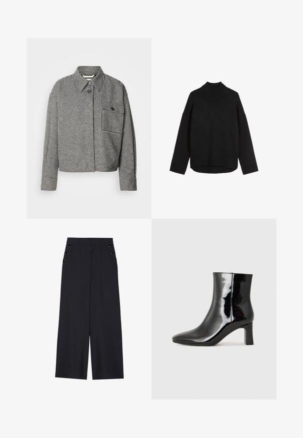 Houndstooth-patterned jacket in black and white, featuring a collar, front button closure, and a chest pocket with a button detail.; Black knitted sweater with a high ribbed collar, relaxed fit, dropped shoulders, and ribbed hem. Soft texture, minimal design.; Wide-leg trousers in dark navy fabric, featuring a smooth texture, front pleats, and decorative gold-tone eyelets on the side pockets.; Black patent leather ankle boot with a pointed toe and a mid-height block heel. Smooth texture and minimalist design.