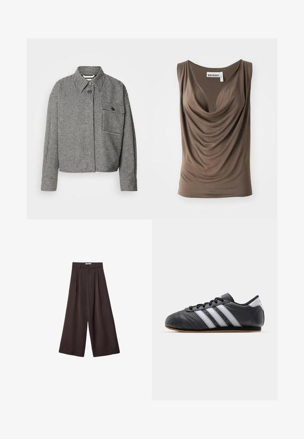 Houndstooth-patterned jacket in black and white, featuring a collar, front button closure, and a chest pocket with a button detail.; Brown draped sleeveless top with a deep neckline. Made of soft fabric with a smooth texture. Label reads "WEEKDAY" at the neck.; Black wide-leg trousers with a high waist, featuring front pleats and a button closure at the waist, made from smooth fabric.; Black leather sports shoe with white stripes, round toe, flat sole, and lace closure. Features perforations for breathability.