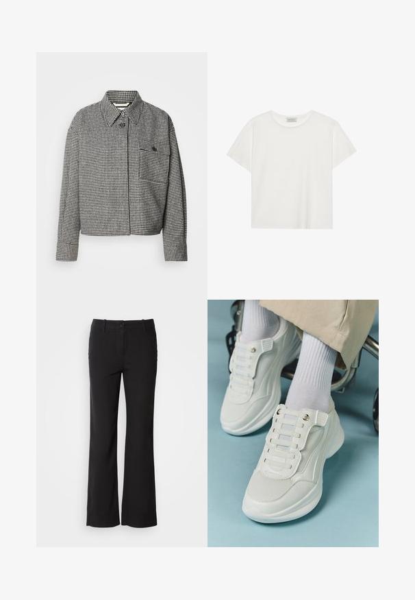 Houndstooth-patterned jacket in black and white, featuring a collar, front button closure, and a chest pocket with a button detail.; White short-sleeve T-shirt made of soft cotton. Features a round neckline and relaxed fit. Clean design with no visible patterns or accents.; Black cotton blend trousers with a straight-leg design, front button closure, and two side pockets. Smooth texture, no visible patterns.; White sneakers featuring a mesh material, rubber sole, lace-free design with elastic bands, and gold-toned accents.