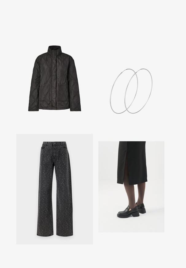 Čierna prešívaná bunda s vysokým golierom, dvoma prednými vreckami a diamantom vzorom na textúrovanej tkanine.; Čierny body s dlhými rukávmi, s rezom do V z priesvitnej látky a zhromaždením na pleciach. Hladká tkanina s priliehavým strihom.; Noisy May NMJANNEL LOOSE - Džínsy voľného strihu - black denim; Čierne kožené topánky s okrúhlou špičkou, silným blokovým opätkom a elastickými bočnými akcentmi, skombinované s tmavými pančuchami a čiernou sukňou so štiepením.; Strieborné kruhové náušnice s minimalistickým dizajnom. Cirkulárny tvar, hladký povrch a tenký profil. Ľahké s lesklým povrchom.
