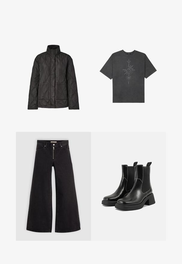 Juodas siuvinėtas švarkas su aukštu apykakle, dviem priekinėmis kišenėmis ir deimantine tekstūros audinio raštų.; Tamsiai pilkas per didelis marškinėliai, pagaminti iš medvilnės, su centriniu saulės grafiku, turinčiu sudėtingus linijų detalizavimus, spaustu priekyje.; Plačios kojų džinsai iš juodo džinsinio audinio su užtrauktuku priekyje, penkių kišenių dizainu ir subtiliais siuvinėjimo akcentais. Lygus paviršius ir laisvalaikio stilius.; Juodos odinės Chelsea botai su storiu kulnu, elastinėmis šoninėmis panelėmis ir kontrastinga balta siūle. Tekstūruota apdaila.